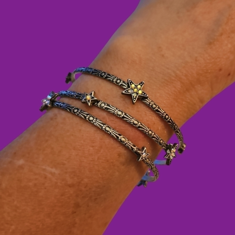 Set of Three Silvertone Star Rhinestone Thin Fairycore Bangle Bracelets